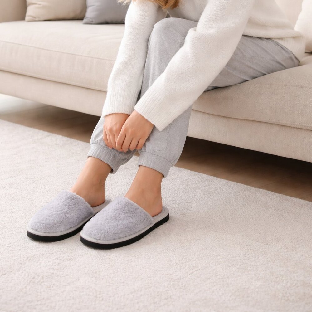 Sale Yug Gray Plush Fur Slippers Cozy Soft Indoor House Shoes 6